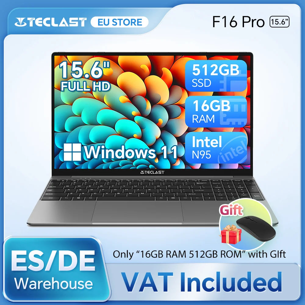 TECLAST F16Pro Laptop 15.6 inch, 16GB RAM 512GB SSD Computers, for Intel N95 CPU, IPS FHD 1080P Screen, WiFi 6, BT 5.0, USB3.2, Backlit Keyboard, 38000mWh