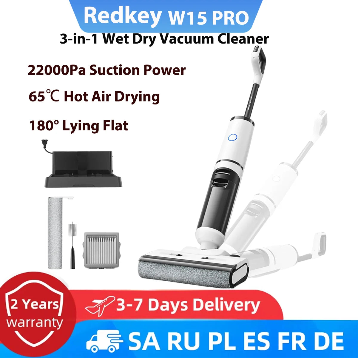 Redkey W15 Pro Wireless Wet Dry Vacuum Cleaner Cordless Mop Self-Washing 22Kpa 65℃ Hot Air Drying 180° Lying Flat Edge Cleaning