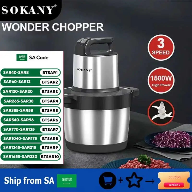 Food Processors Electric Meat Grinder Stainless Steel 3 Gear Vegetable Blender Garlic Crusher Kitchen Chopper Mixer Home Applian