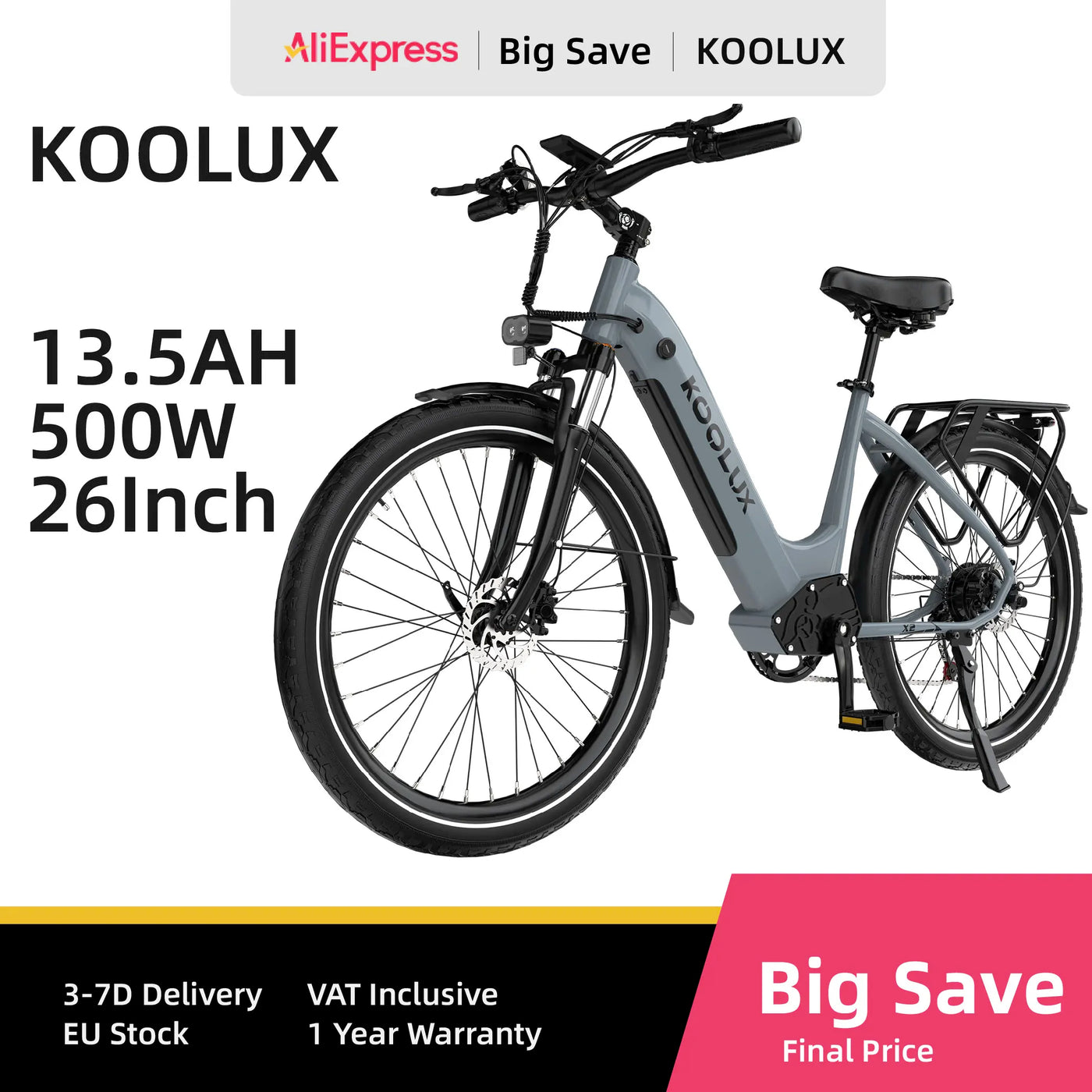 KOOLUX X2  Adult  Electric Bicycle Men's E-City ebike City 500W 48V 15Ah Battery 26" City   Tire Electric Bike