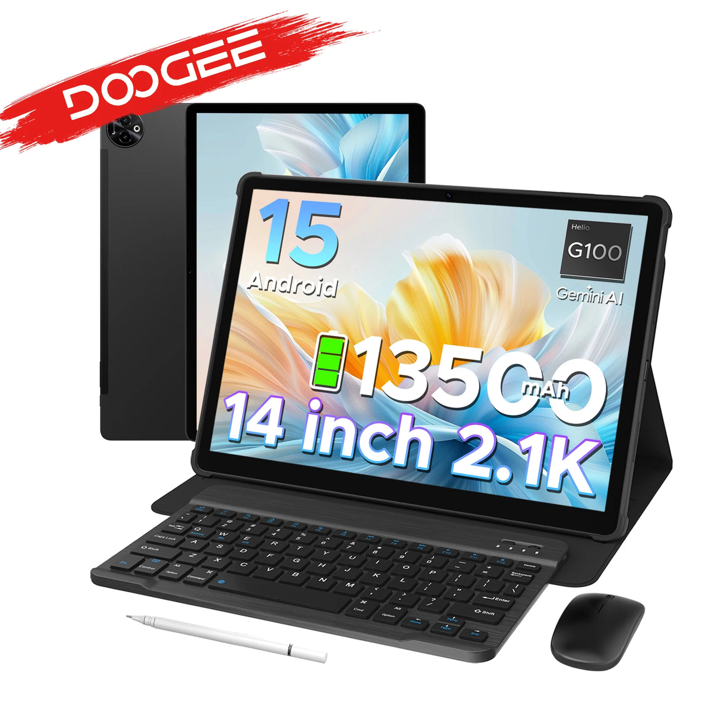 Doogee Tab E3 Max 2 in 1 Tablet Pc 14" 2.1K Display Android 15 32Gb (8+24) 256Gb 13500Mah Battery Qual Speaker Helio G100 Tablet
