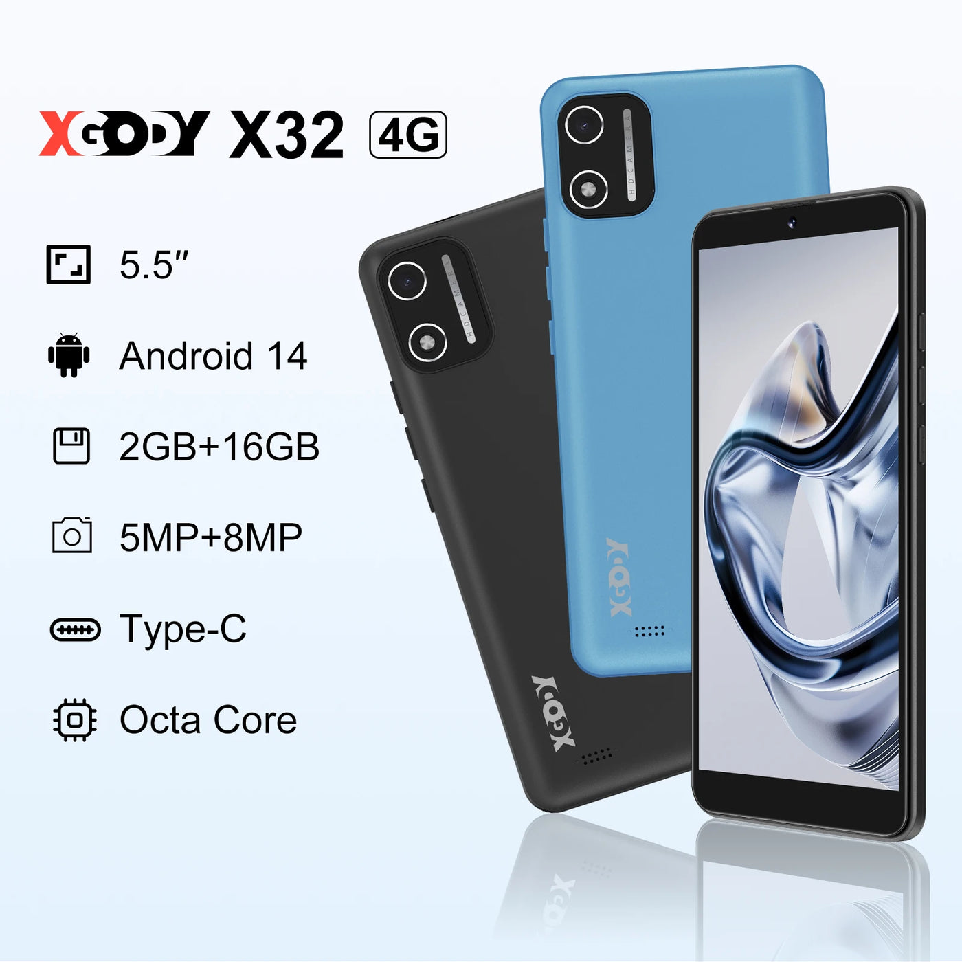XGODY X32 Android 14 Smartphone 5.5 inch Dual SIM Octa Core 4GB+16GB Mobile Phones 2850mAh 5+8MP 4G Network Face ID Cellphones