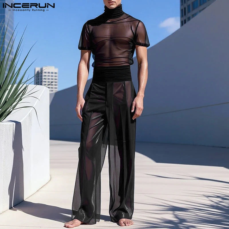 INCERUN Men Sets Mesh See Through Sexy