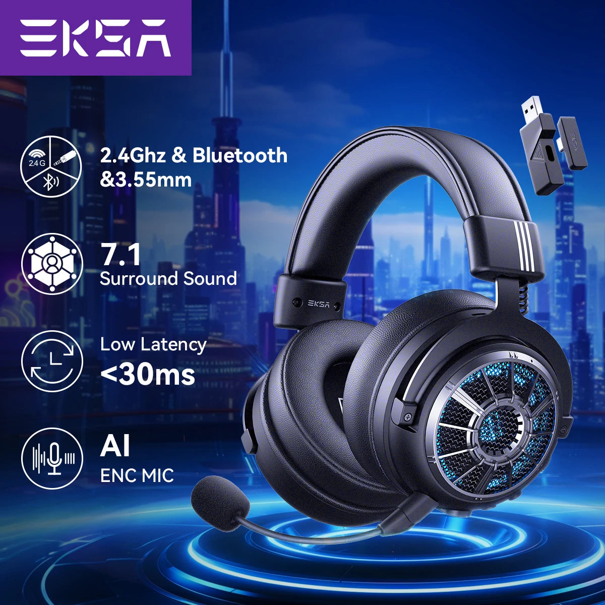 EKSA StarEngine BT Gaming Wireless Headphone with Mic Over-Ear Headphones Bluetooth 50mm Driver 2.4G/Wireless/3.5mm RGB Headsets