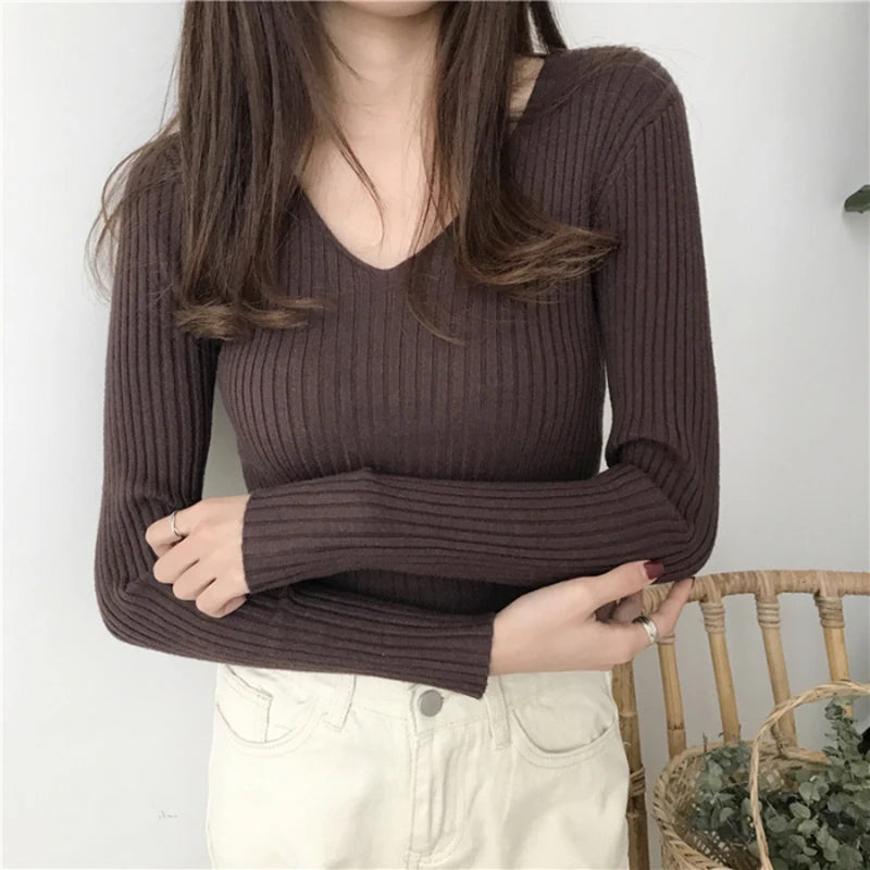 Korean Autumn V Neck Sweater Knitted Fashion