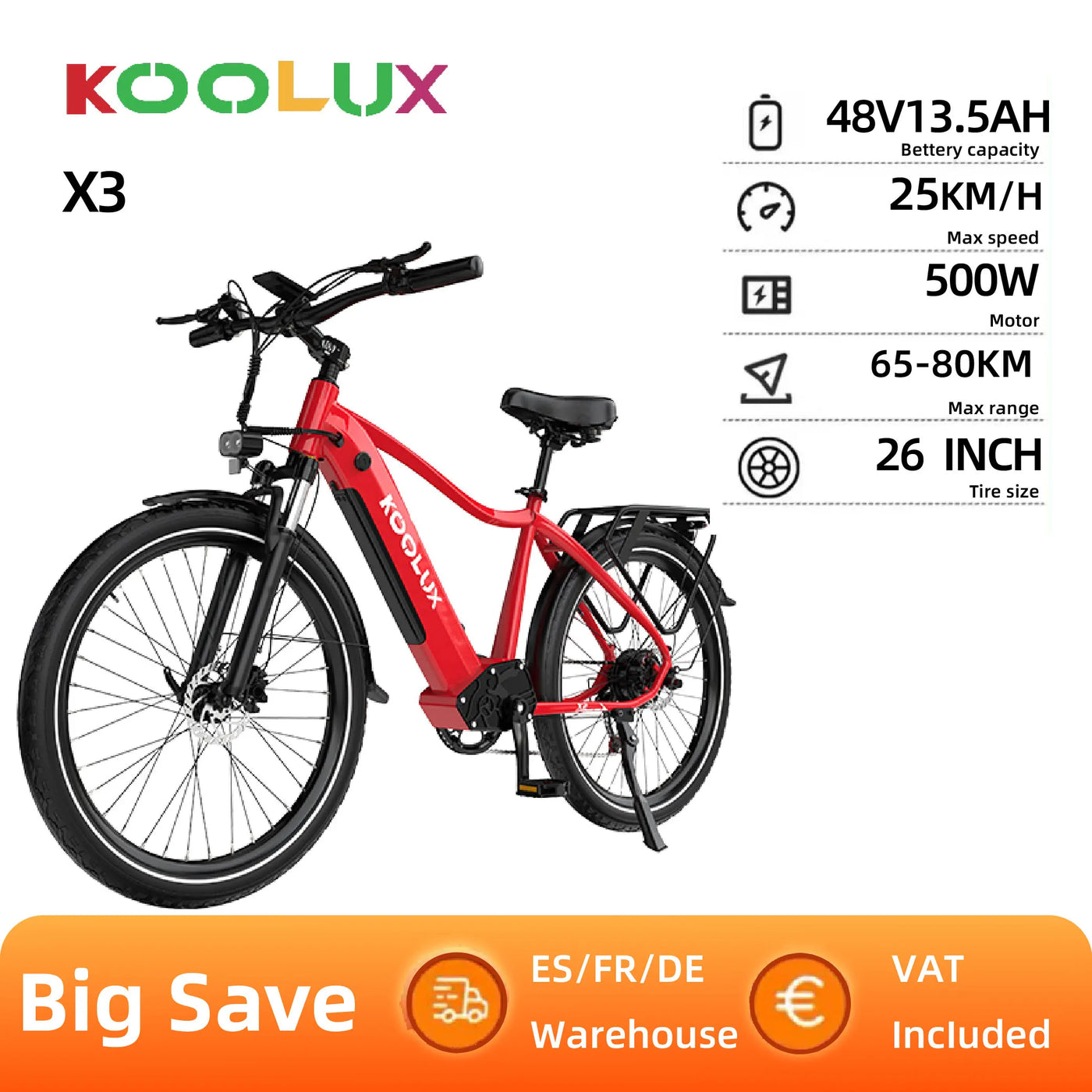 KOOLUX X3  Adult  Electric Bicycle Men's E-City ebike City 500W 48V 15Ah Battery 26" City   Tire Electric Bike