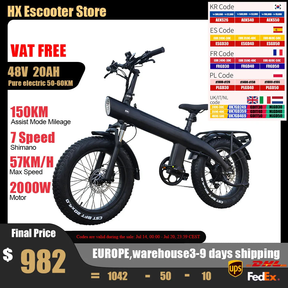 HX Q3 2000W Adult Electric Bicycle 48V 20AH E Bike Removable Battery Foldable Ebike 20 inch fat tire Electric Bike