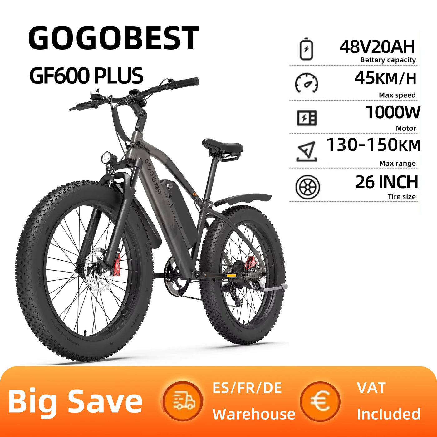 GOGOBEST GF600PLUS Electric Bike 1000W Urban road Motor E-Bike 48V 20Ah Battery 26*4.0-inch Fat Tires City Electric Bicycle