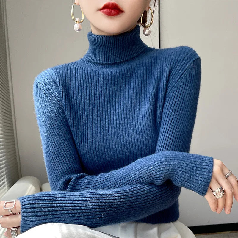 Basic Ribbed Turtleneck Sweaters for Women Autumn