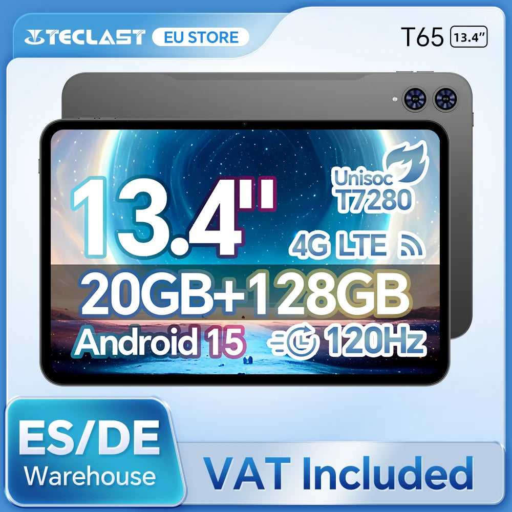 Teclast T65 13.4 inch Android 15 Tablet 1920x1200 120Hz T7280 8-Core Max 20GB RAM(8GB+12GB Expansion) 128GB ROM 4G LTE 8000mAh