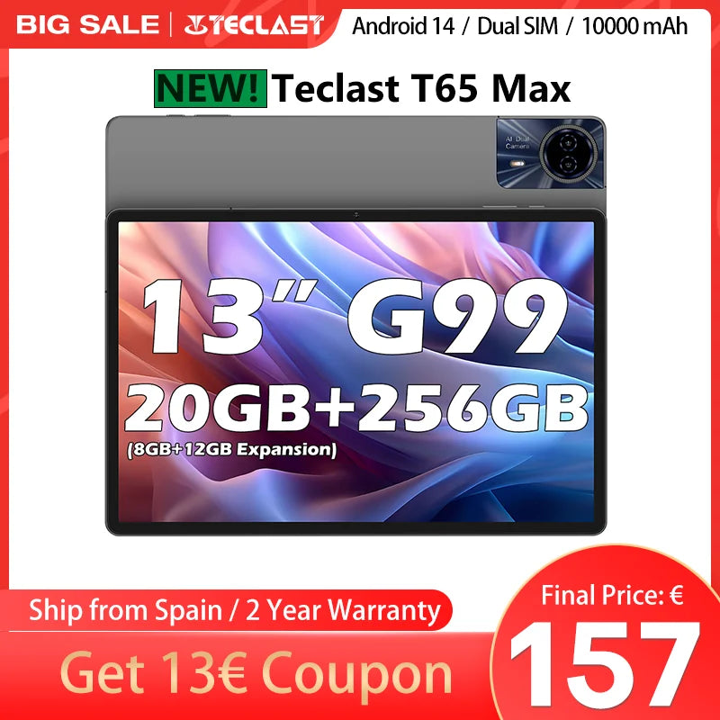 Teclast T65 Max 13 Inch Android 14 Tablet 8 Cores Mediatek Helio G99 (8Gb+12Gb Expansion) Max. 20Gb Ram 256Gb Rom 10000Mah Battery Dual Sim 4g Lte 1920X1200 Gps Widevine L1 for Netflix