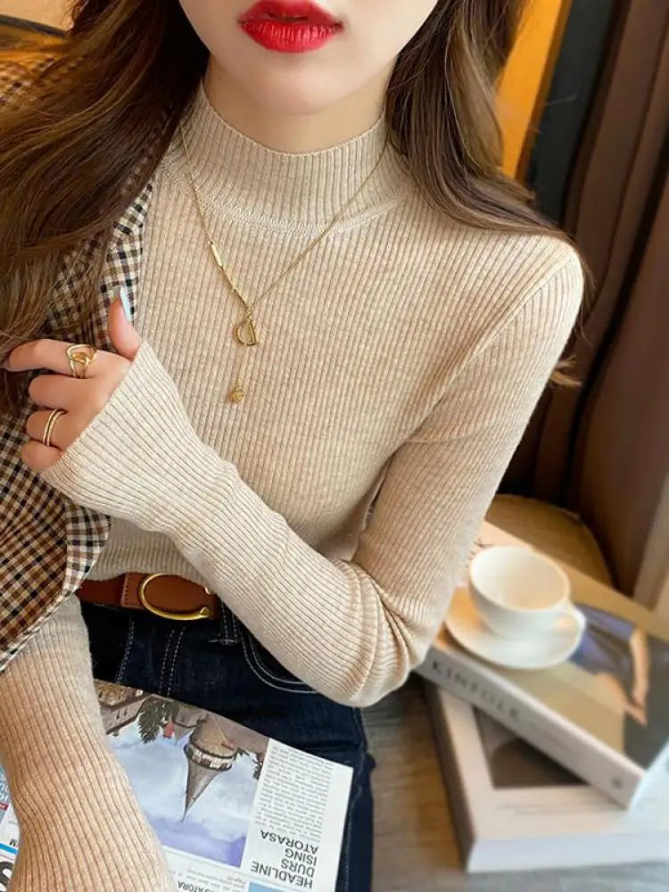 Autumn Winter Mock Neck Women Sweater Vintage