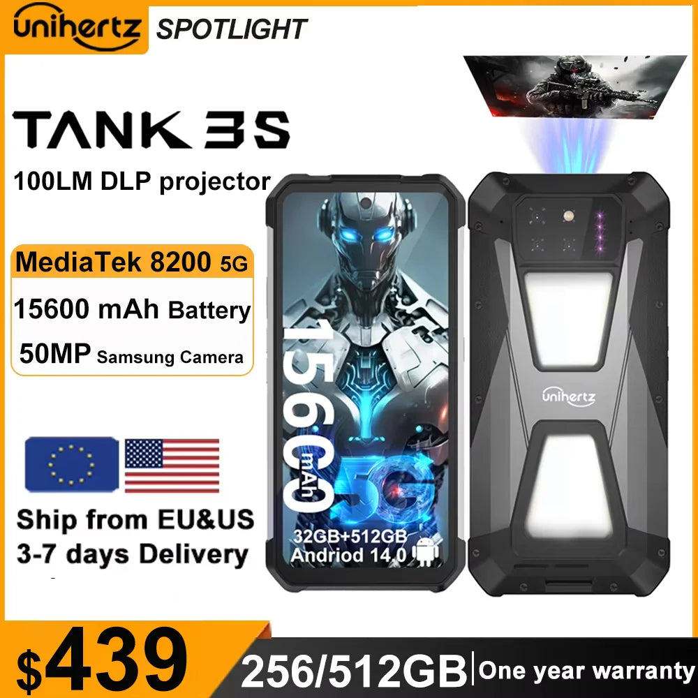Unihertz tank 3s 8849 powered phone with projector 24/32GB 256/512GB Dimension 8200 cellphone 15600mAh 66W smartphones