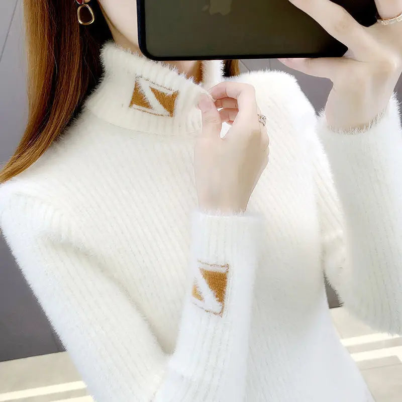 High Collar Pullover Sweater Women Mink Letter