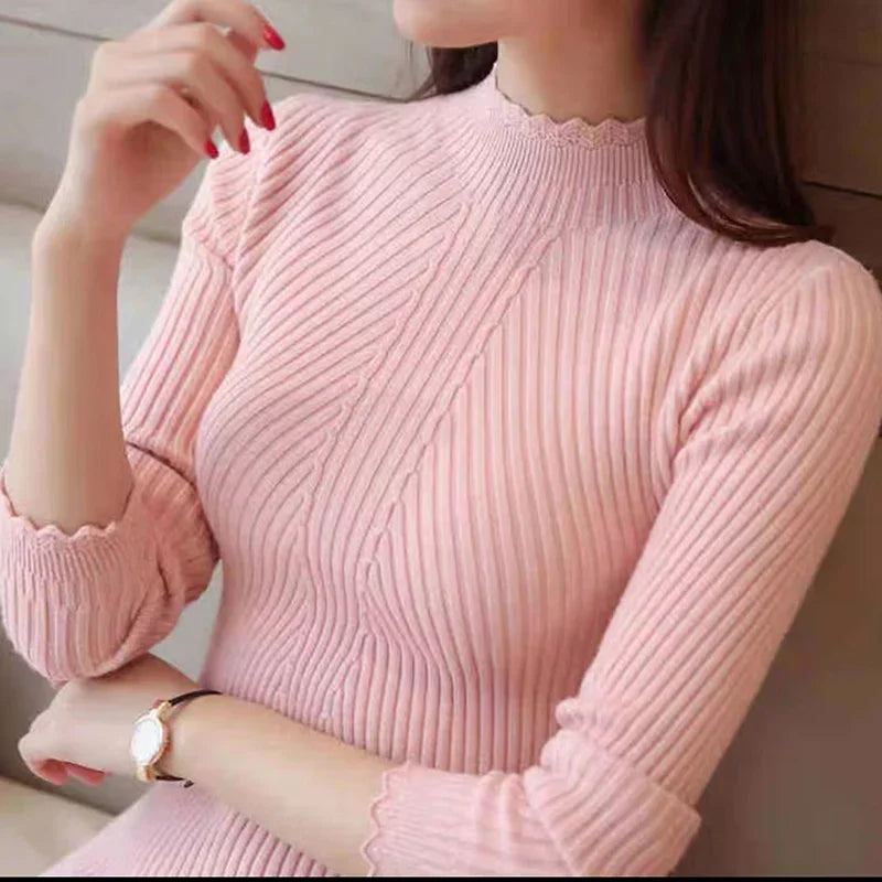 Women Mock Neck Ruffles Sweater Long Sleeve