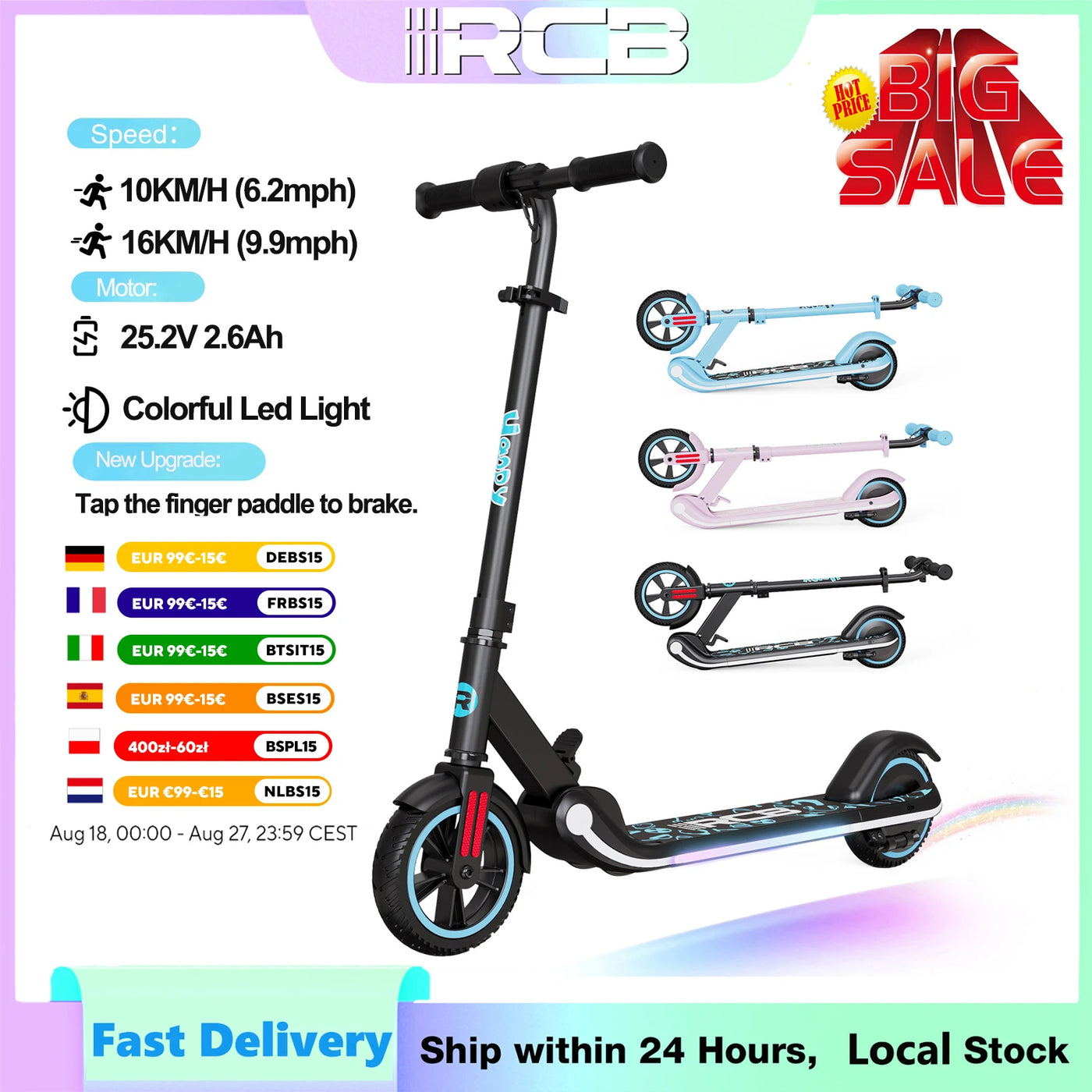 RCB Kids e-Scooter for Children 6-12 Years, 150 W Motor - Max 16 km/h - Rainbow Light-folk Electric Scooter Children