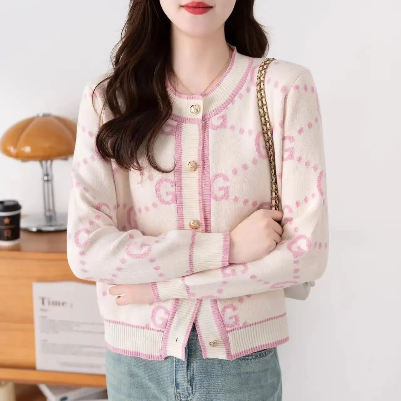 Autumn Winter Coat Luxury Pink Knitted Cardigan